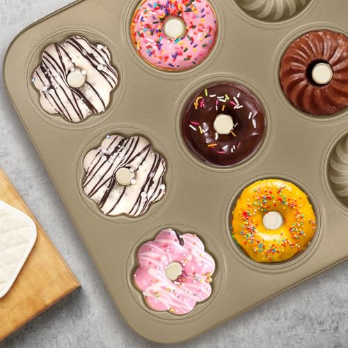 Mu Mianhua Doughnut Molds Baking Tins Nonstick Doughnuts Baking Pans Carbon Steel 12-Cavity Donut Baking Pan 4 Shapes Design Baking Tray for Cake Biscuit Bagel Muffin - Image 6