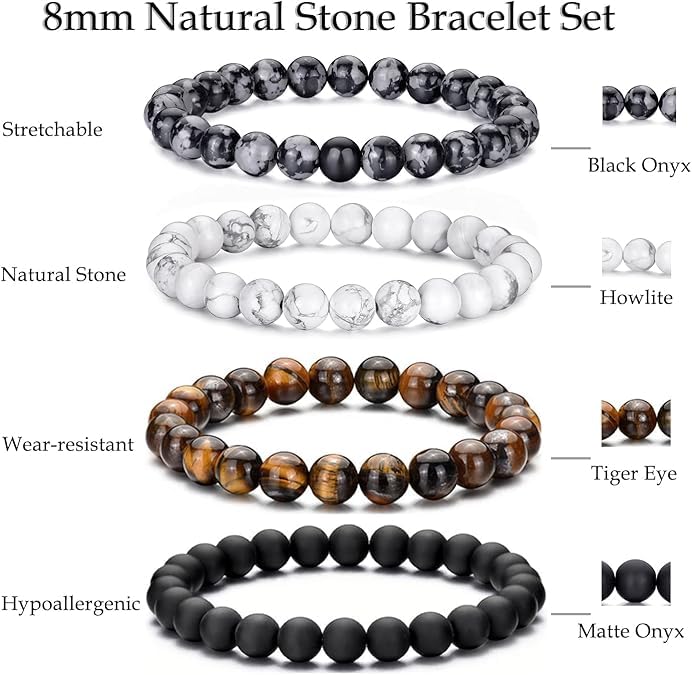 Tiger Eye Beaded Bracelets for Men - Elastic 8MM Natural Stone Bracelet Set Lava Rock Bracelets Gifts for Son Grandson Bonus Son Boyfriend Brother3