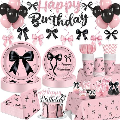 Yingoto Pink and Black Bow Birthday Decorations for 25 People Complete Paper Tableware Set Includes 350gsm Plates Pre-strung Banner 24 Cupcake Toppers and 2 Waterproof Tablecloths