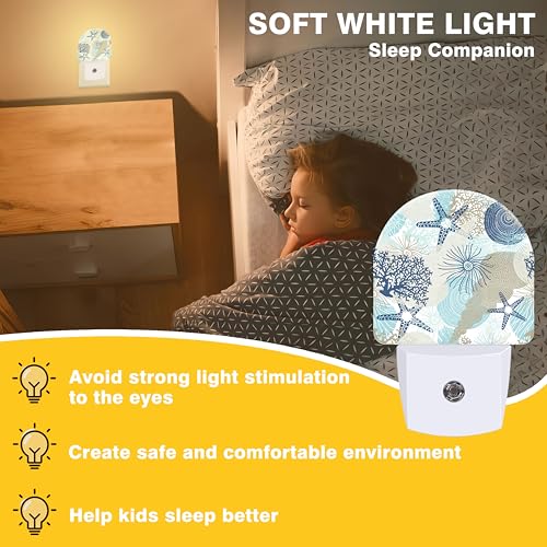 Image of Night Light, Corals and Seashells Night Lights Plug into Wall Dusk to Dawn Sensor Round Nightlight for Women Men Energy Efficient Led Lamp 0.5W for Stairway Hallway Bedroom