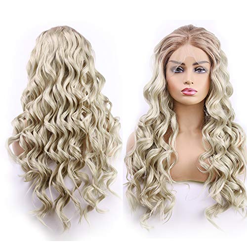 WHGAIR Platinum Blonde Lace Front Wig Long Wave Curly Synthetic Wigs for Women Ombre Dark Brown Rooted Hair Replacement Wig Natural Hairline Heat Resistant Fiber Hair Wig （24 inch）