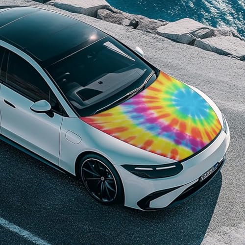 Image of Tie Dye Spiral Car Hood Covers for Automobiles, Rainbow Gradient Tie-Dye 3X5FT Stretchable Polyester Suitable for Most Vehicles Sedans Trucks, Car Bonnet Banner