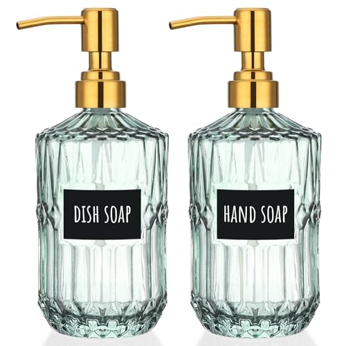 Image of Segbeauty 15.2oz Glass Shampoo and Conditioner Dispenser with Label Stickers, 2pcs Green Glass Soap Dispensers with Stainless Steel Pump, 450ml Lotion Pump Bottle Liquid Containers for Cream Body Wash