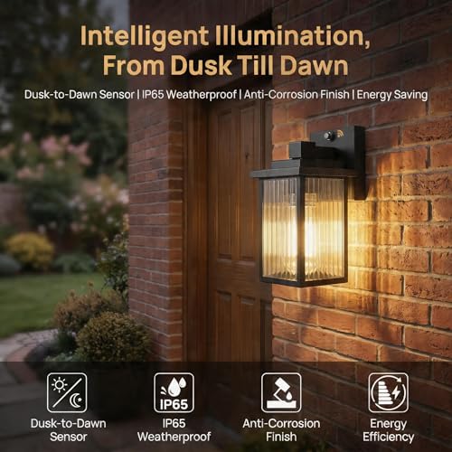 Image of 2 Pack Dusk to Dawn Outdoor Lighting, Modern Wall Sconce with Textured Glass, Waterproof IP65 Exterior Light Fixture, Soft Glow Warm Ambiance for Front Door Porch Garage, 10.6 Inch Height, Black