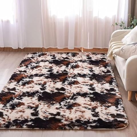 Meeting Story Cow Print Rug Faux Cowhide Rugs Cute Animal Print Carpet Fluffy Shaggy Tie Dye Fuzzy Area Rugs for Living Room Nursery Kids Floor Mat Thick Plush Non-Skid (Coffee-Black, 4 * 6 Feet) Cover