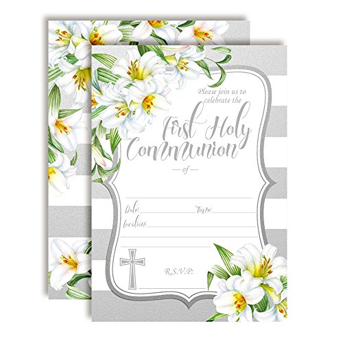 Watercolor Floral Lilies First Holy Communion Religious Party Invitations, 20 5x7 Fill In Cards with Twenty White Envelopes by AmandaCreation