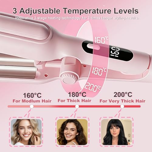 Image of 1&1.25 Inch Hair Crimper for Women - Curling Iron Waver Hair Tool to Adjustable Groove - Rizadora para Cabello - Anti-Scald Tech Hair Waver - Ionic Ceramic Coating for Long-Lasting,Fast Heating,Pink