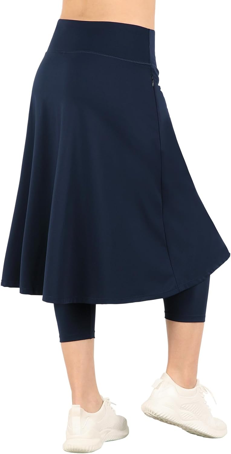 Womens Athletic Skirted Leggings with Pockets High Waisted Knee Length Skirts with Capris Leggings for Tennis - Image 3