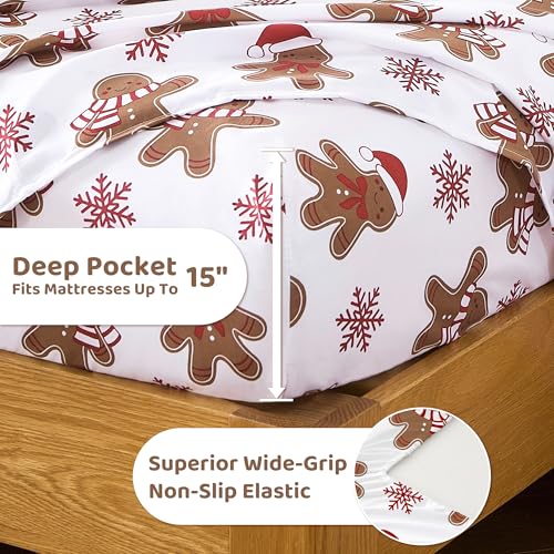 Image of Mooreeke Cozy Christmas Microfiber Printed Queen Sheet Set - Soft & Breathable Percale Brown Winter Bed Sheets with Extra Deep Pocket - Non-Slip Fitted Design - Red Snow Gingerbread Pattern