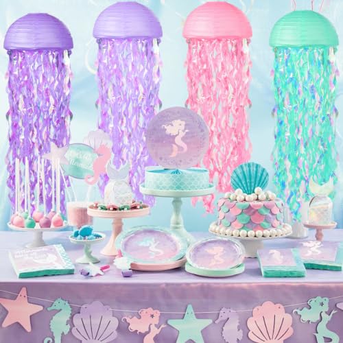 Image of Jellyfish Paper Lanterns 6 Pacs 10 Inch Under The Sea Mermaid Party Baby Shower Decorations Blue Hanging Jelly Fish for Ocean Spongebob Birthday Party Decorations (Multicolor)