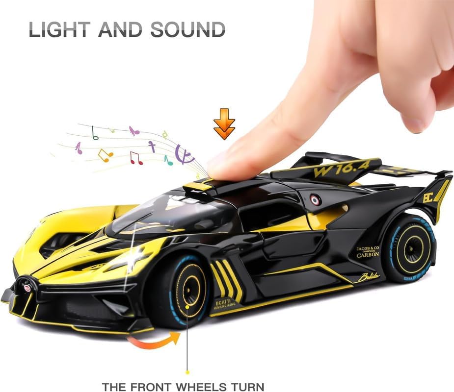 Image of PINQUE Kids New Car 1:24 Big Bugatti Bolide Diecast Alloy Metal Pull Back Car with Openable Doors Music Sound and Light Vehicle Toy Car for Boys (Yellow)