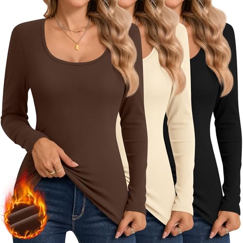 Ficerd 3 Pack Women's Thermal Long Sleeve Shirts Fleece Lined Scoop Neck Stretch Fitted Tops Winter Base Layer Underwear