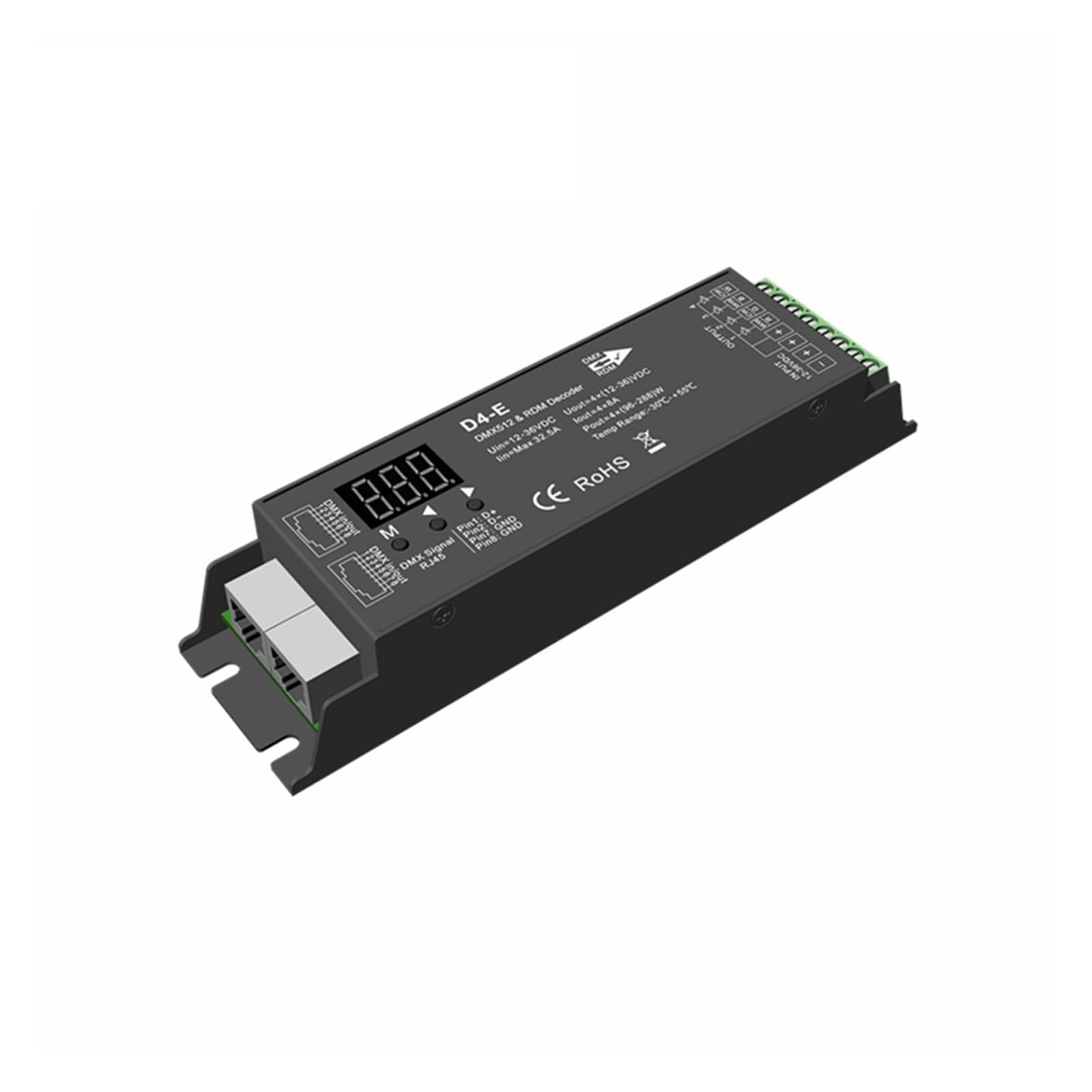 Controlador LED DMX D4-P de 4 canales PWM con puertos XLR3 y RJ45 de alta fidelidad