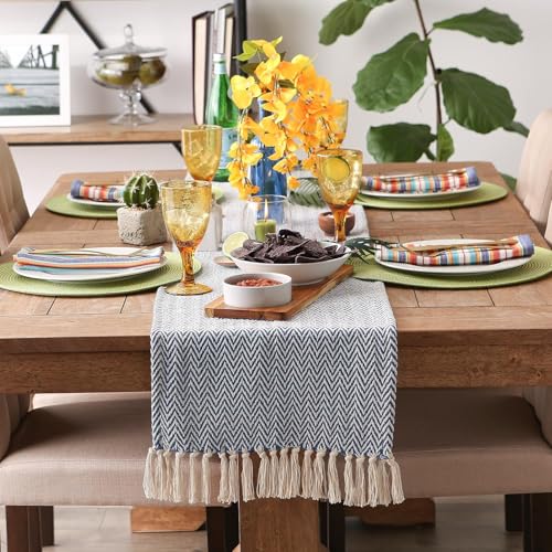 Image of THE HOME TALK Premium Cotton Chevron 4-6 Seater Table Runner - 14x72 Inches - Royal Blue|Elegant Dining|Handcrafted Quality|Stylish Console Decor for Dining Table, Parties, Events