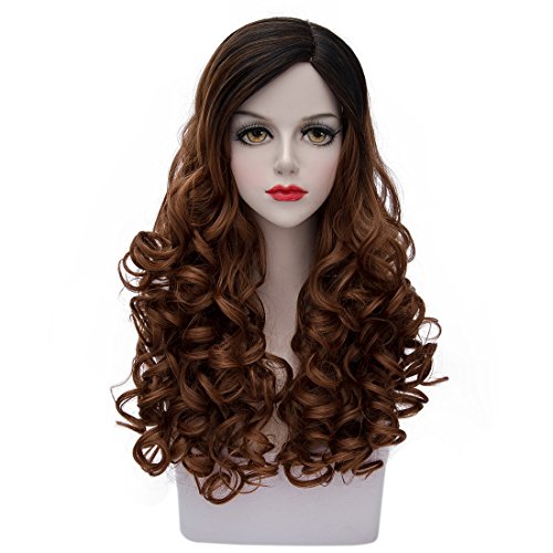 TopWigy 24" Women's Long Curly Wave Wig Fashionable Ombre 2 Tone Synthetic Heat Resistant Cosplay Costume Full Wig+Wig Cap (Black to Brown)