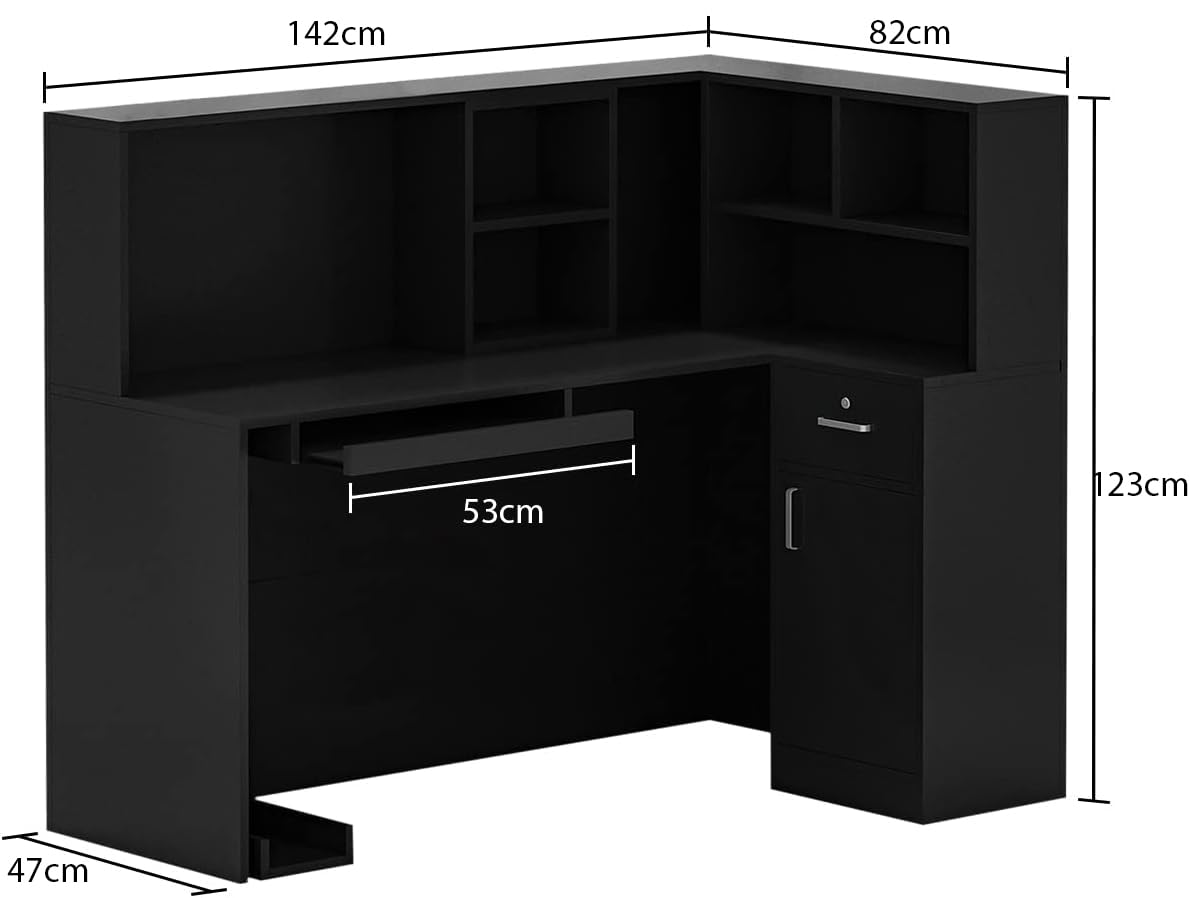 Banco reception, banco reception, tavolo da reception con vassoio per computer e ripiano rimovibile, banco reception con 1 cassetto e 1 armadio, banco reception, MDF, 140 x 80 x 120 cm