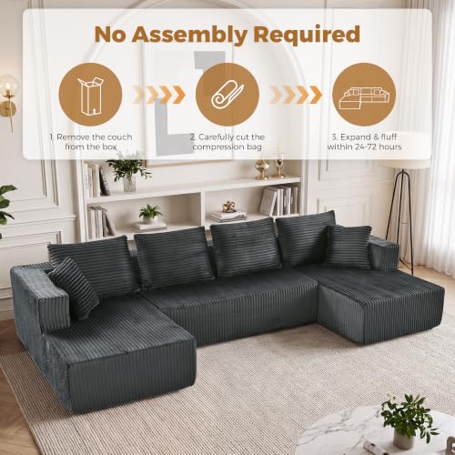 Image of 132 inch Boneless Couches for Living Room, U Shaped Modular Sectional Corduroy Comfy Cloud Memory Foam Deep Seat Boneless Sofa, No Assembly Required Couch for Living Room with Double Chaise, Gray