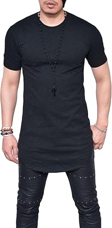 Mens Hipster Curved Longline Drop Tail Tee Top Long Hip Hop Shirts Gym Workout Slim Fit Short Sleeve