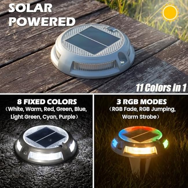 SIEDiNLAR Solar Driveway Lights Outdoor 16 LEDs 9 Modes, Dock Markers Deck Lights Waterproof Warning for Driveway Step Walkway Pathway Ground Yard Garden, RGB (12 Pack)