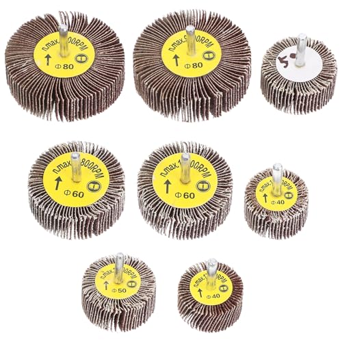 Kisangel 8 Pezzi Ruote Lamellari Abrasive Manico, Teste di Levigatura in Carta Vetrata 80# 6mm per Smerigliatrice Elettrica, Mole Abrasive Cilindriche per Levigatura e Lucidatura Materiali