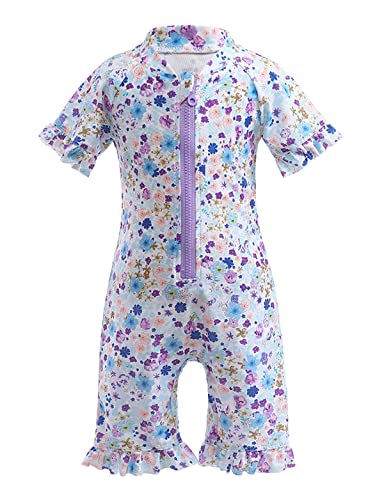 Kids Girls One Piece Swimsuit Short Sleeve Ruffle Floral Swimwear Bathing Suits with Zipper