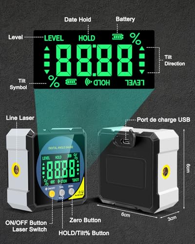 Digitaler Laser Winkelmesser, Lytool Neigungsmesser Laser Wasserwaage mit Vierseitigem Magnet, Doppelseitigem Laser- LCD Display, Type-C Schnittstelle- Magnetische Bevel Box für Holzarbeiten, Bau, DIY