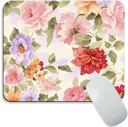 Image of Mouse Pad Flowers Pattern, Premium-Textured Custom Mouse Mat Design, Washable Mousepad Lycra Cloth, Non-Slip Rubber Base Computer Mouse Pads for Wireless Mouse
