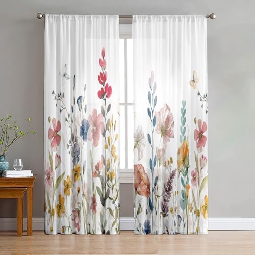 Odot Cortinas Visillo con Bolsillo para Barra, Cortinas Ventana Semitranslucidas 2 Piezas Patrón Flor 3D Tul para Ventana Moderna para Decoracion Dormitorio Comedor (Planta,W80 H115cm)
