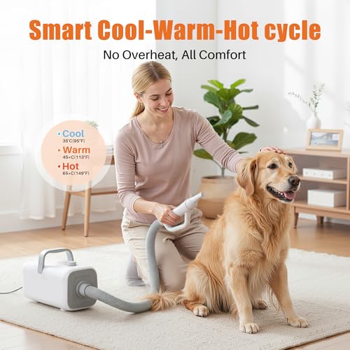 Image of NEWBULIG Dog Hair Dryer with Heater for Grooming, Temperature Adjustable | 1550W High Velocity Speed Pet Blow Dryer with 4 Nozzles, White