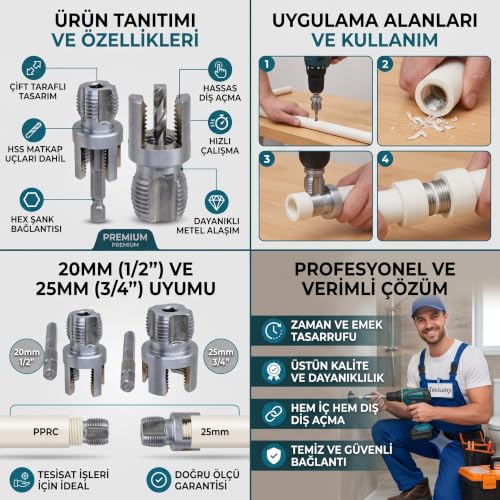 Pprc Boru Diş Açma Seti; 20-25 mm (1/2''-3/4''), İç ve Dış Diş Açma