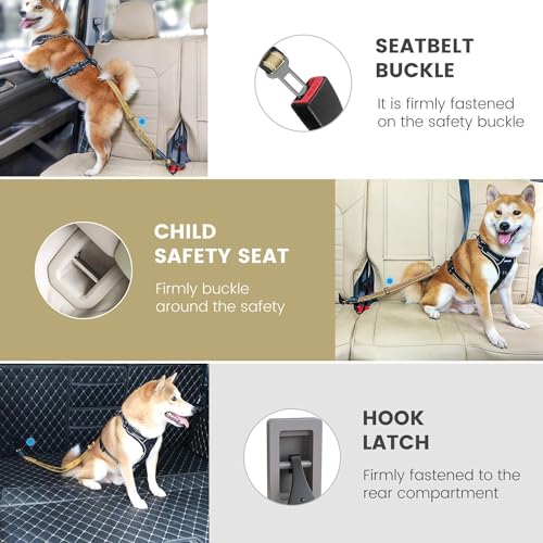 Image of IOKHEIRA Dog Seat Belt 3-in-1 Car Harness for Pets Adjustable Safety Seatbelt Nylon Reflective Bungee Fabric Dog Car Harness with Clip Hook Latch & Buckle, Swivel Zinc Alloy Carabiner (Green)