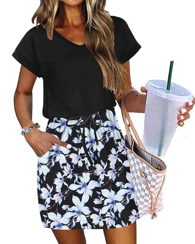Image of AUSELILY Womens Summer Mini Dress, Short Sleeve V Neck Drawstring Casual | Tshirt dress with drawstring waist and pockets. Ideal sundress for daily outing, beach and vacation
