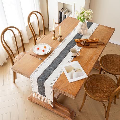 Image of FEXIA Boho Table Runner for Summer Home Decor with Tassels 72 Inches Long Farmhouse Grey Rustic Burlap Table Runner Macrame Table Decoration for Kitchen Bedroom Living Room (12x72 Inches)