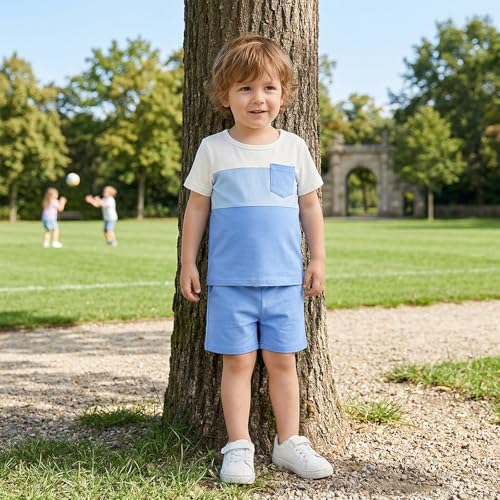 Image of Toddler Boy Clothes Baby Summer Outfit Patchwork Tee Shorts 12M-4T | Soft Patchwork Tee, Pocket Shorts With Stretch Waistband, Breathable For Summer Play, Machine Washable