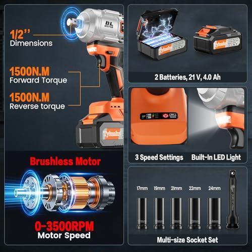 1/2 Inch Cordless Impact Wrench,1500N.m 3-Speed LED Light,4.0Ah Battery by Tylunke - Used condition - Image 2