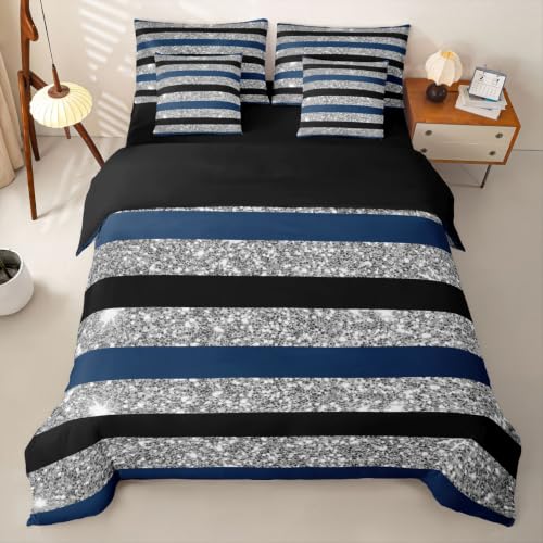 Loussiesd Juego de funda de edredón de 7 piezas, color azul marino y negro, tamaño Super King, juego de ropa de cama a rayas para niños y niñas, con purpurina en una bolsa, con funda de edredón