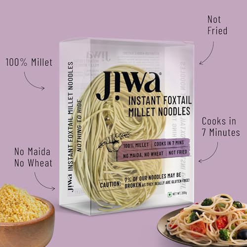 Image of Jiwa Instant Foxtail Millet Noodles | Cooks in 7 minutes | Ready to Cook | 100% Millet | No Maida, No Atta | Not Fried | Gluten Free | 200 g (Pack of 5)