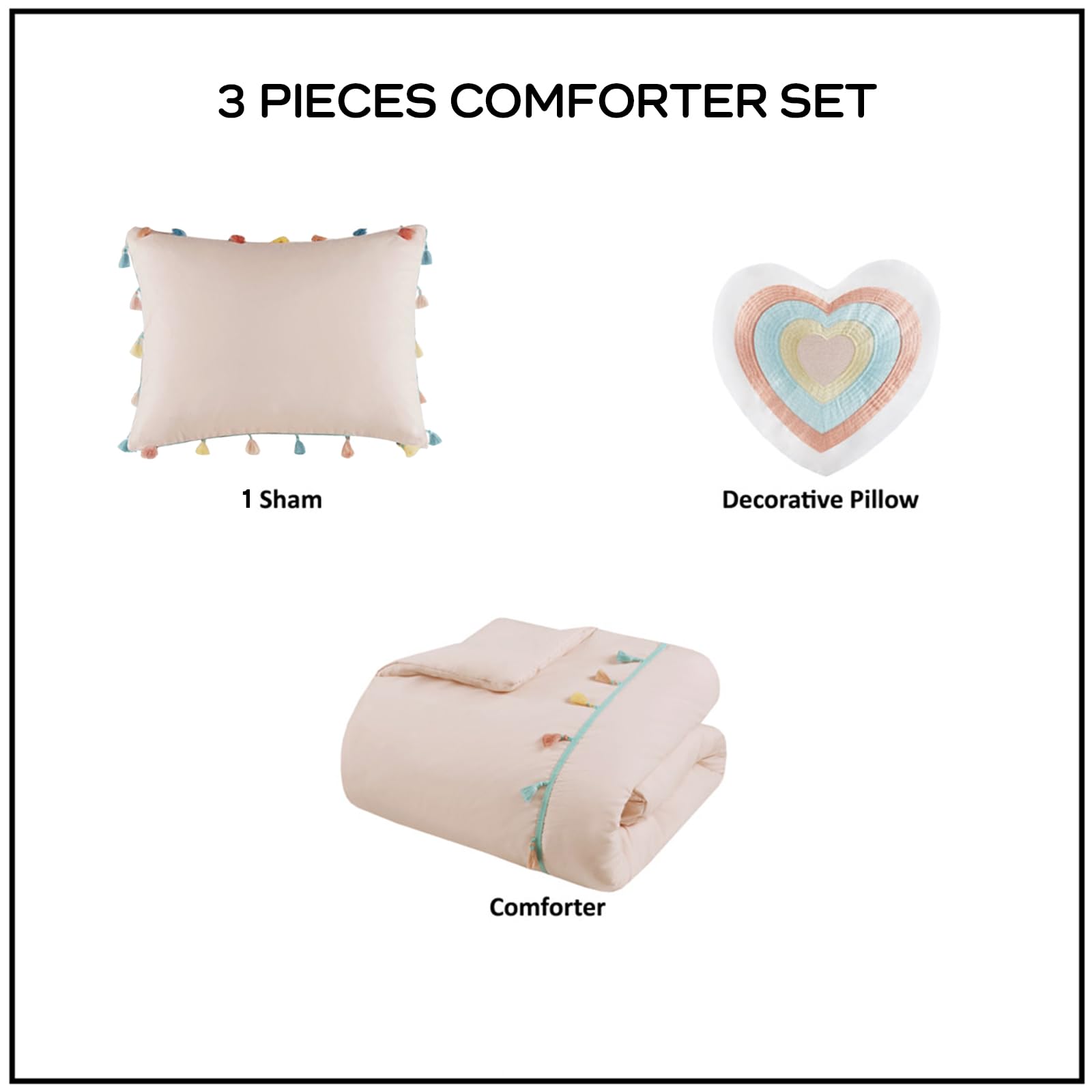 MI ZONE KIDS Twin Comforter Set for Girls, Pink Comforter SetTwin Comforter Set, Tessa Adorable Twin Bedding Sets for Girls, Fun Pom Pom Tassel, Sham, Boho Heart Throw Pillow, Twin, Blush 3 Piece