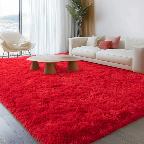 Red Rug 8x10 Carpet for Living Room, Soft Large Shag Rugs for Bedroom, Fluffy Fuzzy Modern Indoor Floor High Pile Area Rug for Kids Room Dorm Home Decor