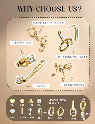 BESTEEL 12 Pairs Hypoallergenic Flat Back Earrings for Women - 14K Gold Stainless Surgical Steel Cartilage Earring Stacks Set Small Tragus Conch Daith Helix Piercing Jewelry Dangle Stud Hoops Silver2