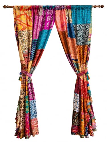 Mango Gifts Recycled Silk Sari Patchwork Boho Curtains, Handmade Vintage Indian Drapes, Multicolor Rod Pocket Window Panels for Living Room Bedroom Doorway Decor, 80 x 45 Inch, Set of 2