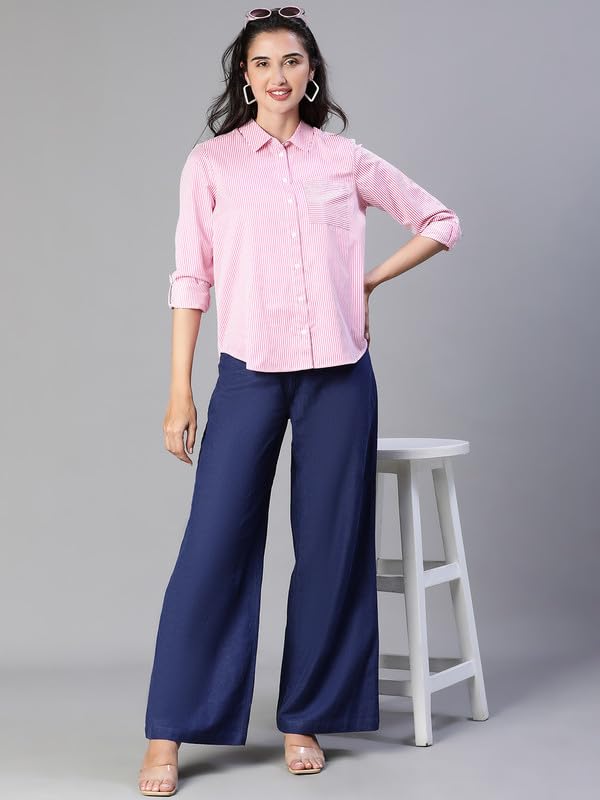 Image of Oxolloxo Women Stripe Print Soild Pink Collared Cotton Shirt