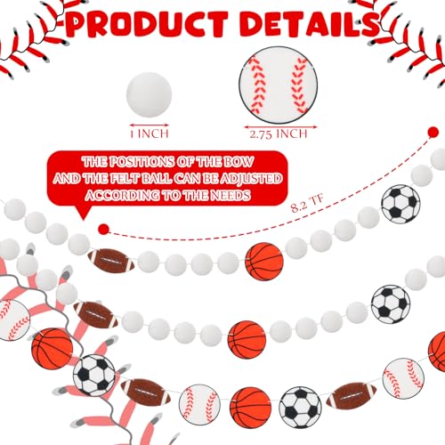 Image of Tatuo 3 Pcs 24.61 ft Sport Party Decorations Felt Football Garland Baseball Basketball Soccer Pompom Hanging Banner for Sports Theme Party Birthday Baby Shower Decor