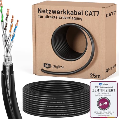 HB-DIGITAL 25m CAT 7 Outdoor Netzwerkkabel für direkte Erdverlegung -GHMT Zertifiziert- S/FTP AWG23 reines Kupfer Doppelmantel PVC + LLDPE PoE 10Gbit/s Ethernet Kabel für Außenbereich - Schwarz