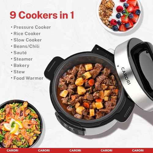 Image of CARORI Electric Pressure Cooker 6 Quart Silver, Non-stick Pot, 9-in-1 Instant Pot, 12 Preset Functions with Touchscreen, Safe Steam Release, Stew, Slow Cook, Rice, Saute, Warmer