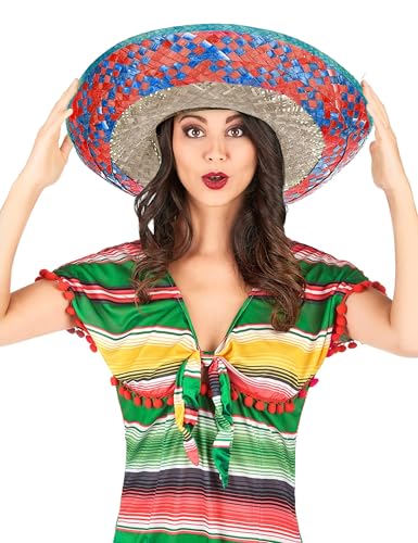 DEGUISE TOI - Sombrero Mexicain bordure rouge et bleu adulte - Sombrero - Taille Unique - Coloré -...