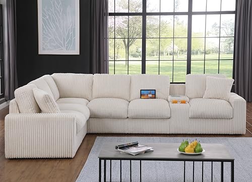 Image of Ball & Cast 127 inch Modular Sectional Sofa,Modern Oversized Cloud Couch with Cup Holder&USB Port,7 Seat Convertible L-Shaped Corduroy Sofas W /Ottoman,Pillows&Storage Box,Comfy Couch for Living Room,Beige