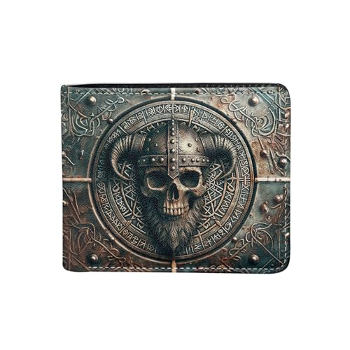 Viking Skull, Norse Skull Leather Men Bi-fold Wallet, Slim Card Holder, Gifts Wallet for Men, P