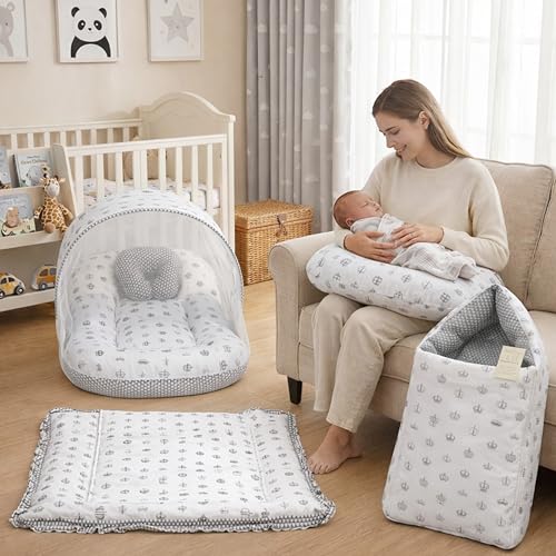 Image of Fareto Combo of Baby Nest | Net with Bed | Carry Bag | 4 Pcs Bedding Set(0-6 Months) (Fullset Nest) (Crown G)