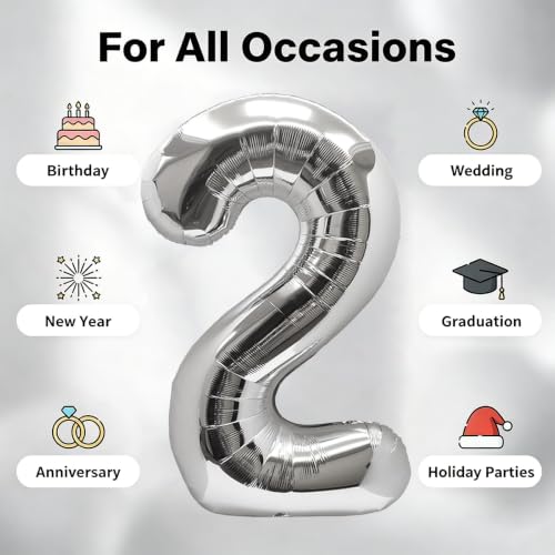 Image of Number Balloons Silver Party Balloon - Giant Number 2 Balloon, 40 Inch Large Balloon for Birthday Decorations, Silver Party Supplies for Anniversary